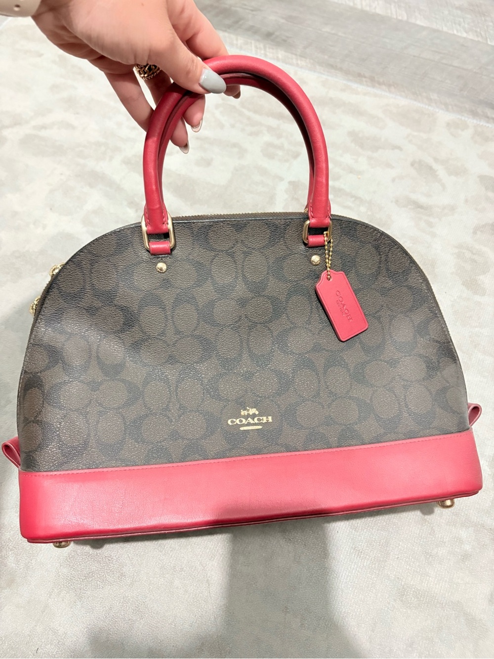 COACH Brown Signature Dome Satchel with Pink Trim